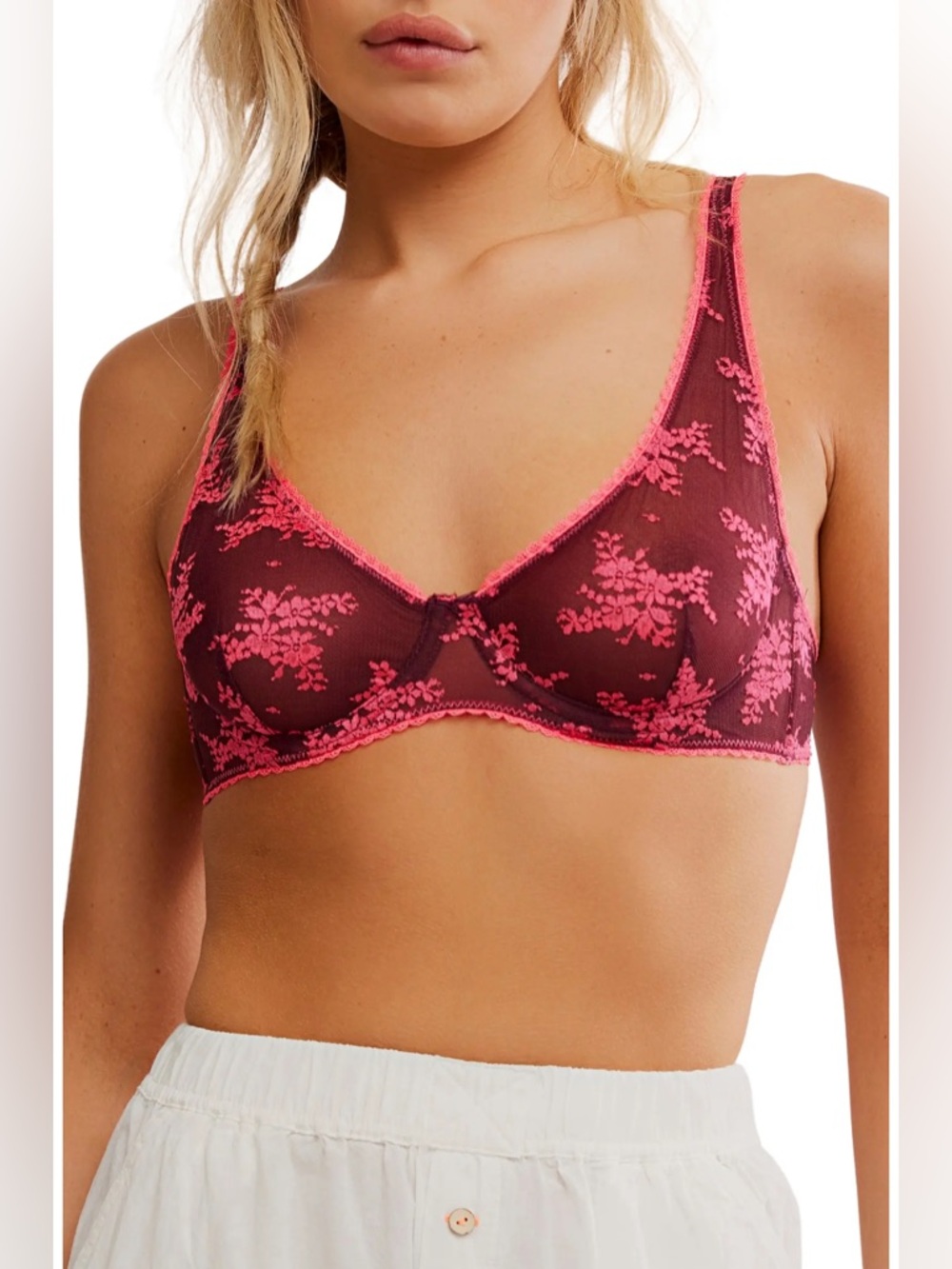 Free People Sheer Lace Underwire Bralette - Pink on Burgundy